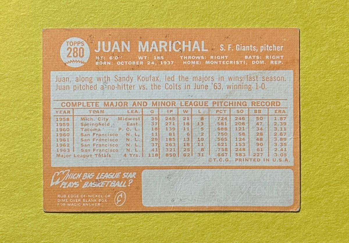 1964 TOPPS JUAN MARICHAL #280 GIANTS HOF