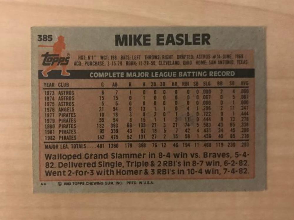 MIKE EASLER PITTSBURGH PIRATES SIGNED AUTOGRAPHED 1983 TOPPS CARD #385 W/COA