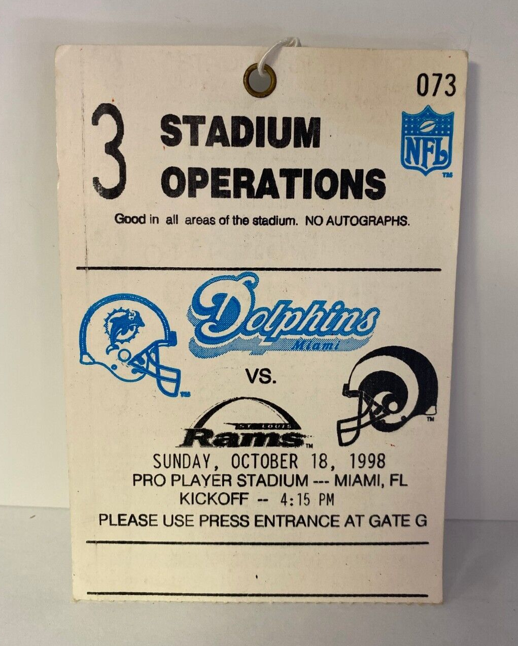 VINTAGE 1998 MIAMI DOLPHINS VS ST. LOUIS RAMS STADIUM OPERATIONS PASS