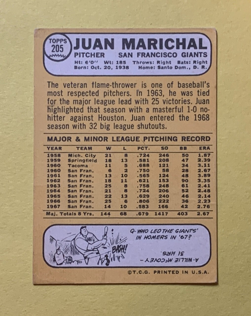 1968 TOPPS JUAN MARICHAL #205 GIANTS
