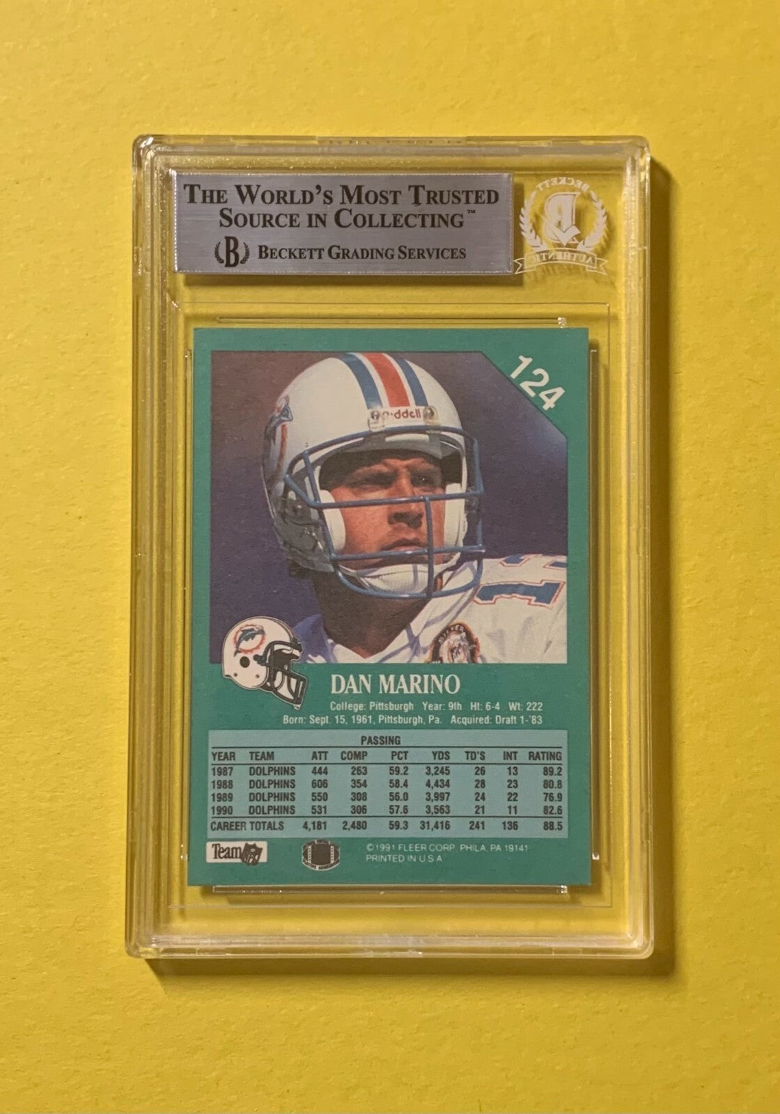 1991 FLEER DAN MARINO #124 AUTHENTIC AUTO BECKETT CERTIFIED HOF DOLPHINS