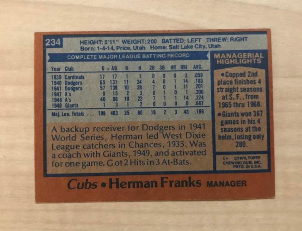 HERMAN FRANKS CHICAGO CUBS SIGNED AUTOGRAPHED 1950 TOPPS CARD #234 W/COA