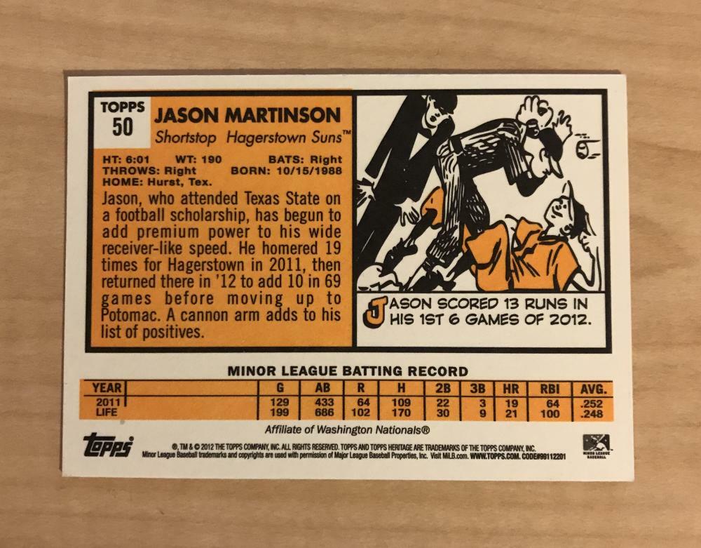 JASON MARTINSON HAGERSTOWN SUNS SIGNED 2012 TOPPS HERITAGE MINORS CARD #50 W/COA