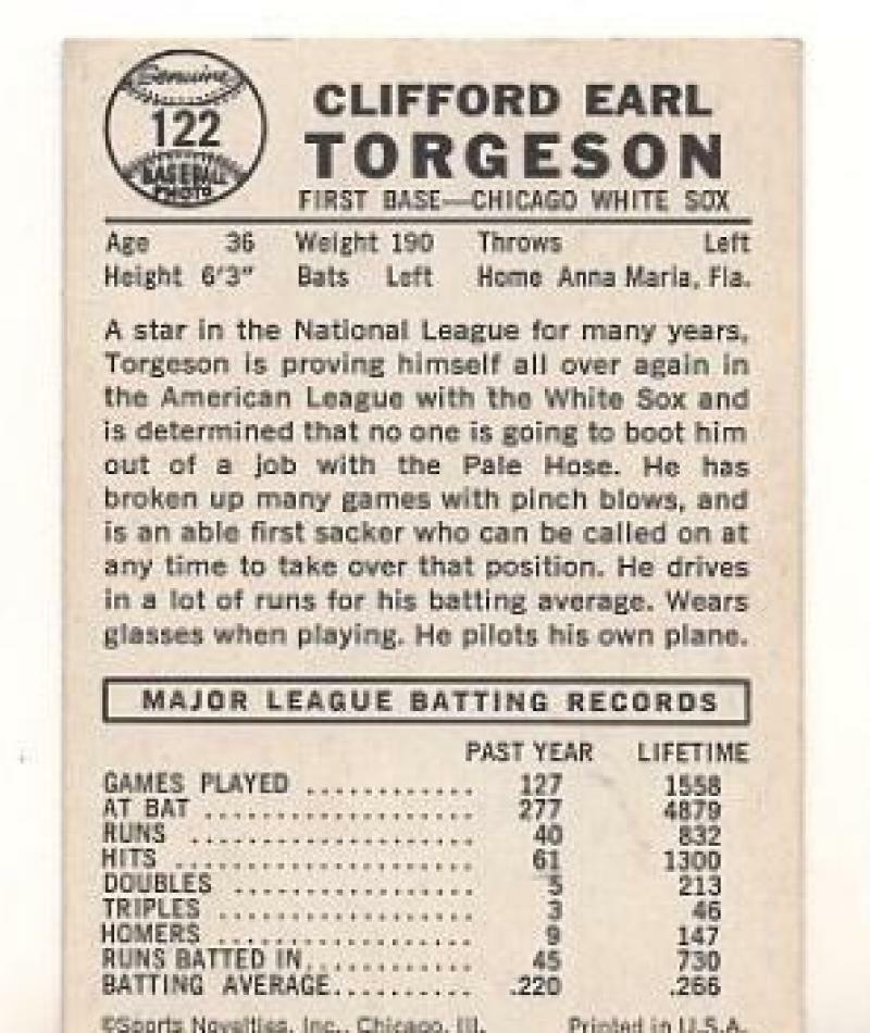 1960 LEAF SPORTS NOVELTIES #122 EARL TORGESON CARD