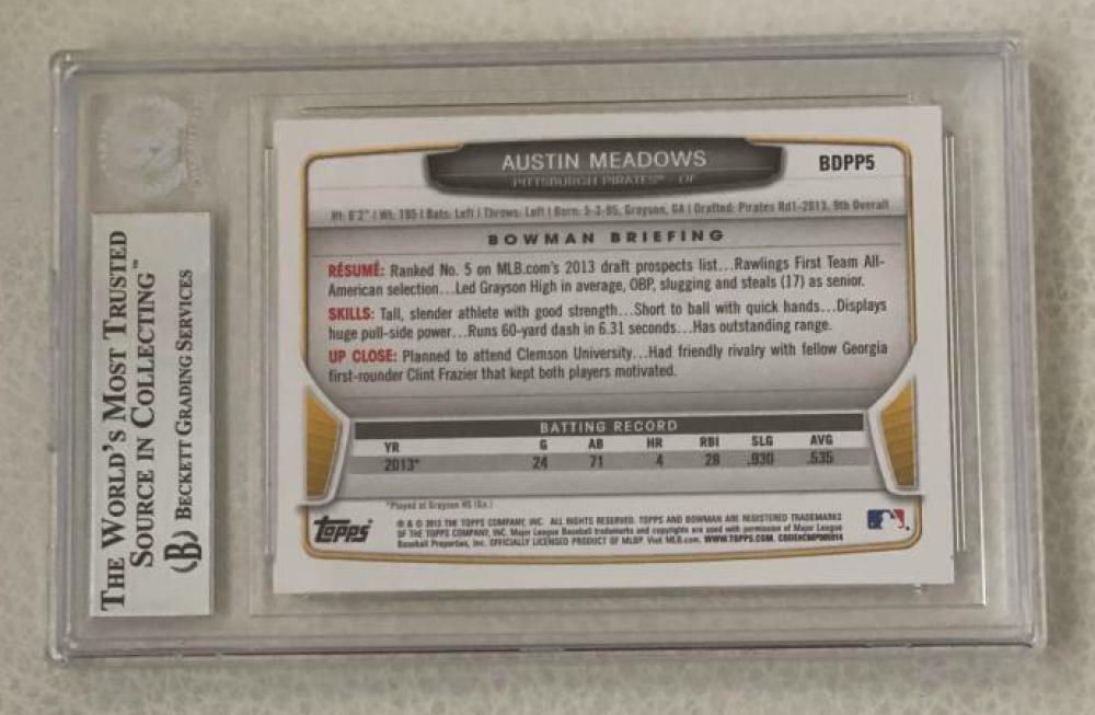 2013 BOWMAN CHROME DRAFT PICKS AUSTIN MEADOWS ROOKIE    SIGNED CARD BECKETT AUTH