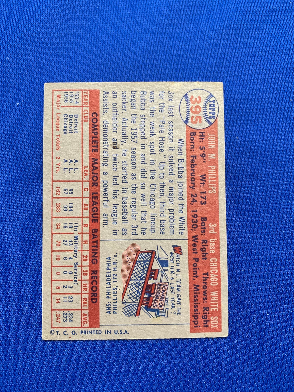 1957 TOPPS BUBBA PHILLIPS CHICAGO WHITE SOX #395 CARD VINTAGE SET-BREAK