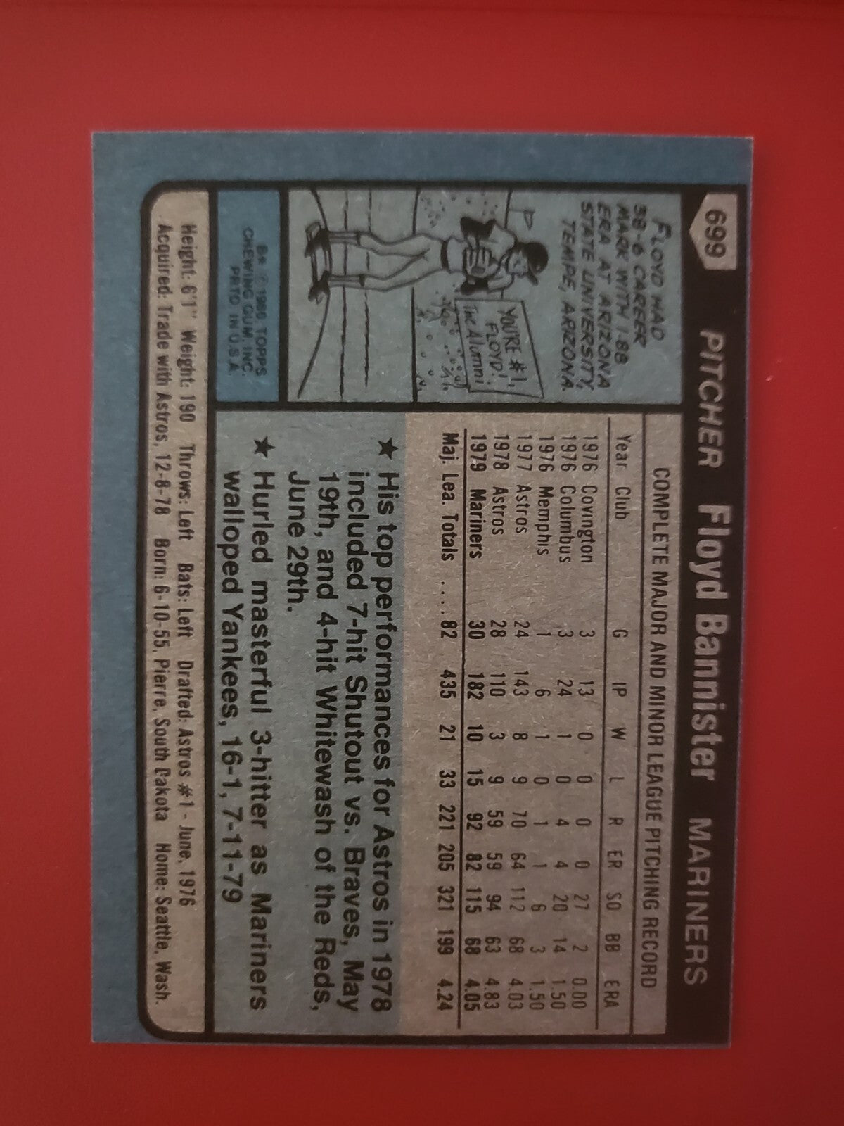 1980 TOPPS FLOYD BANNISTER SEATTLE MARINERS SIGNED AUTOGRAPHED AUTO CARD #699