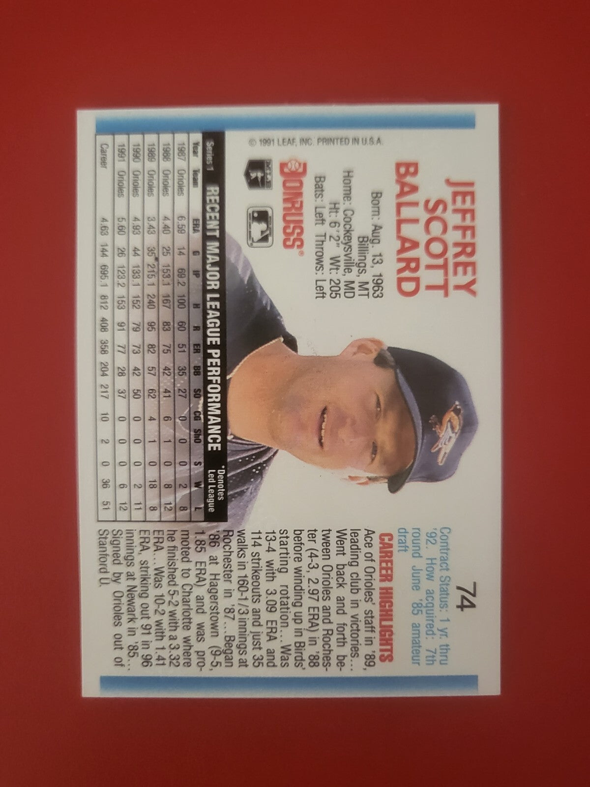 1992 DONRUSS JEFF BALLARD BALTIMORE ORIOLES  SIGNED AUTOGRAPHED AUTO CARD #74