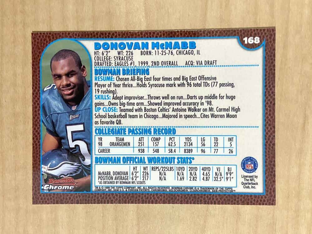 DONOVAN MCNABB PHILADELPHIA PHILLIES 1999 BOWMAN CHROME CARD #168 rookie