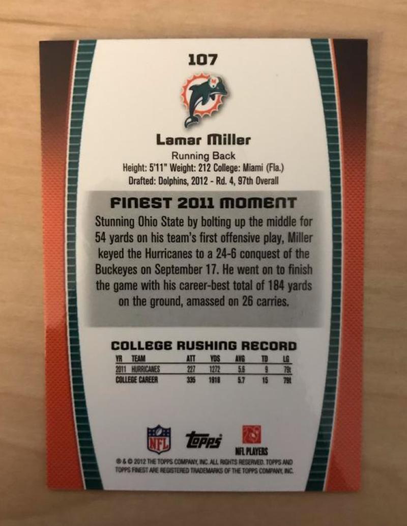 LAMAR MILLER MIAMI DOLPHINS SIGNED AUTOGRAPHED 2012 TOPPS CARD #107 W/COA 