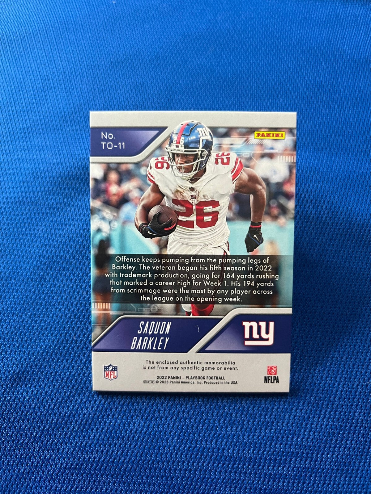 2022 PANINI PLAYBOOK SAQUON BARKLEY NEW YORK GIANTS TOTAL OFFENSE JERSEY #TO-11