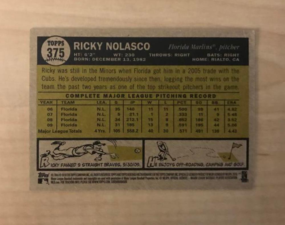RICKY NOLASCO FLORIDA MARLINS SIGNED 2010 TOPPS HERITAGE CARD #375 W/COA