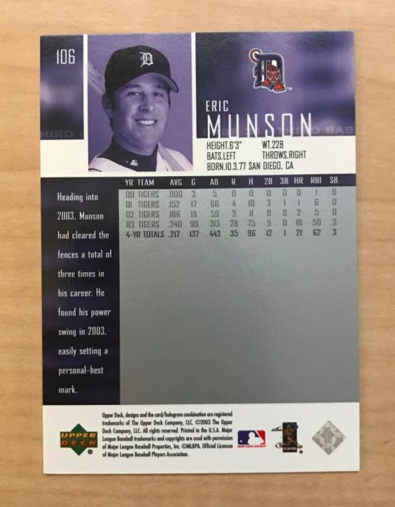 ERIC MUNSON DETROIT TIGERS SIGNED AUTOGRAPHED 2004 UPPER DECK CARD #106 W/COA