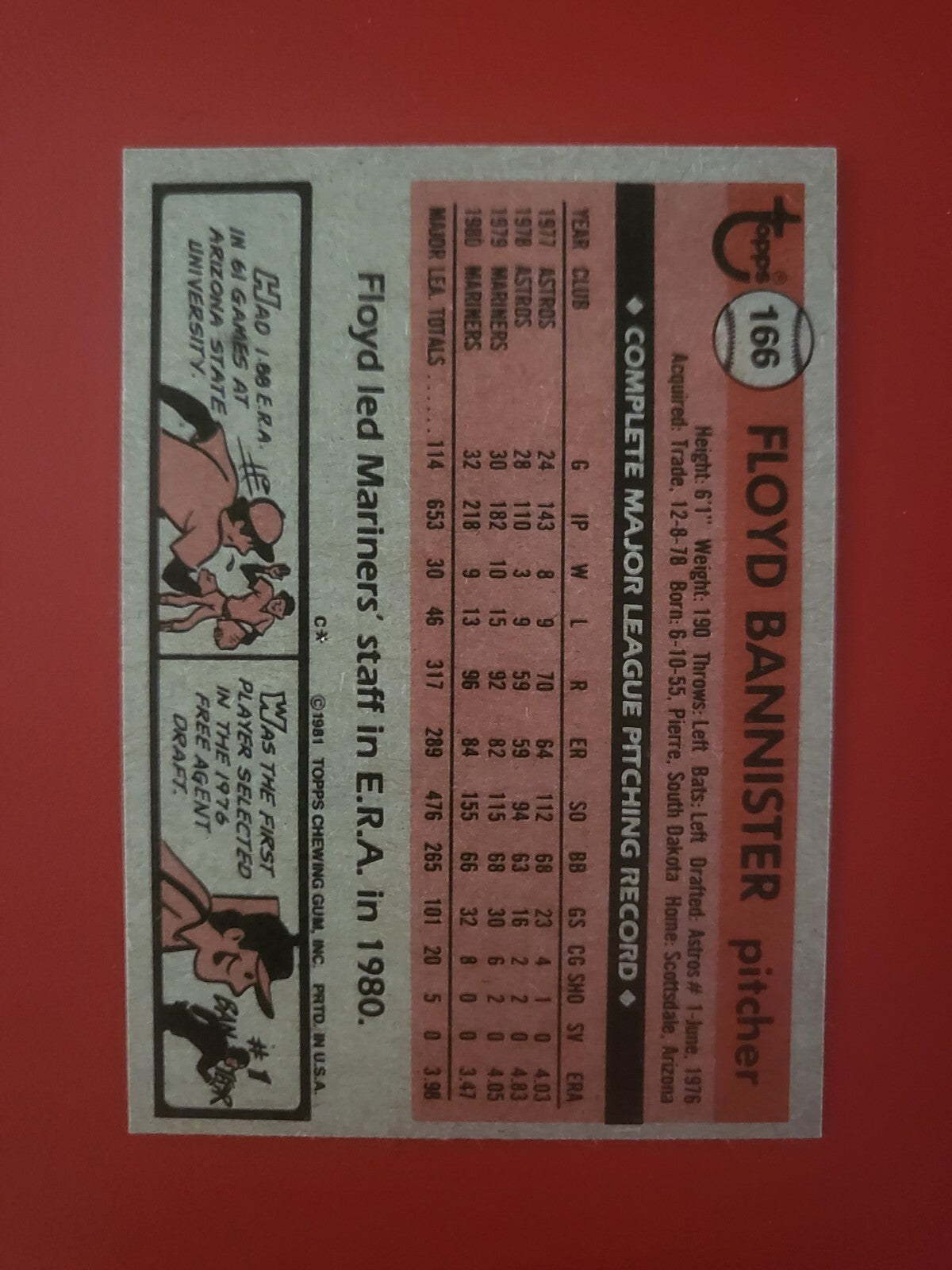 1981 TOPPS FLOYD BANNISTER SEATTLE MARINERS SIGNED AUTOGRAPHED AUTO CARD #166