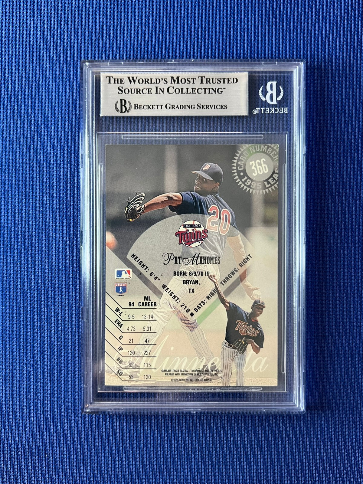1995 LEAF PAT MAHOMES SR MINNESOTA TWINS SIGNED AUTOGRAPHED #366 CARD BECKETT
