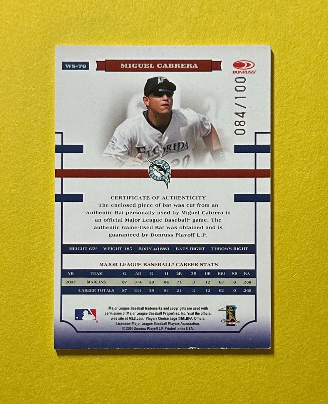 2004 DONRUSS PLAYOFF WORLD SERIES MIGUEL CABRERA BAT RELIC /100 #WS-76 MARLINS