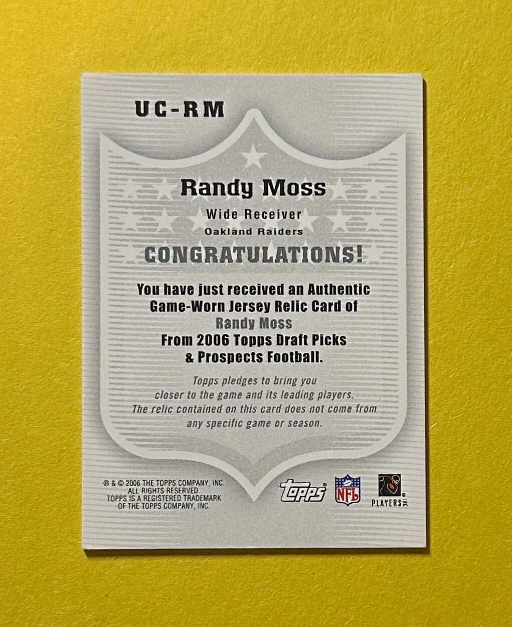 2006 TOPPS RANDY MOSS UPPERCLASSMEN RELIC #UC-RM RAIDERS HOF
