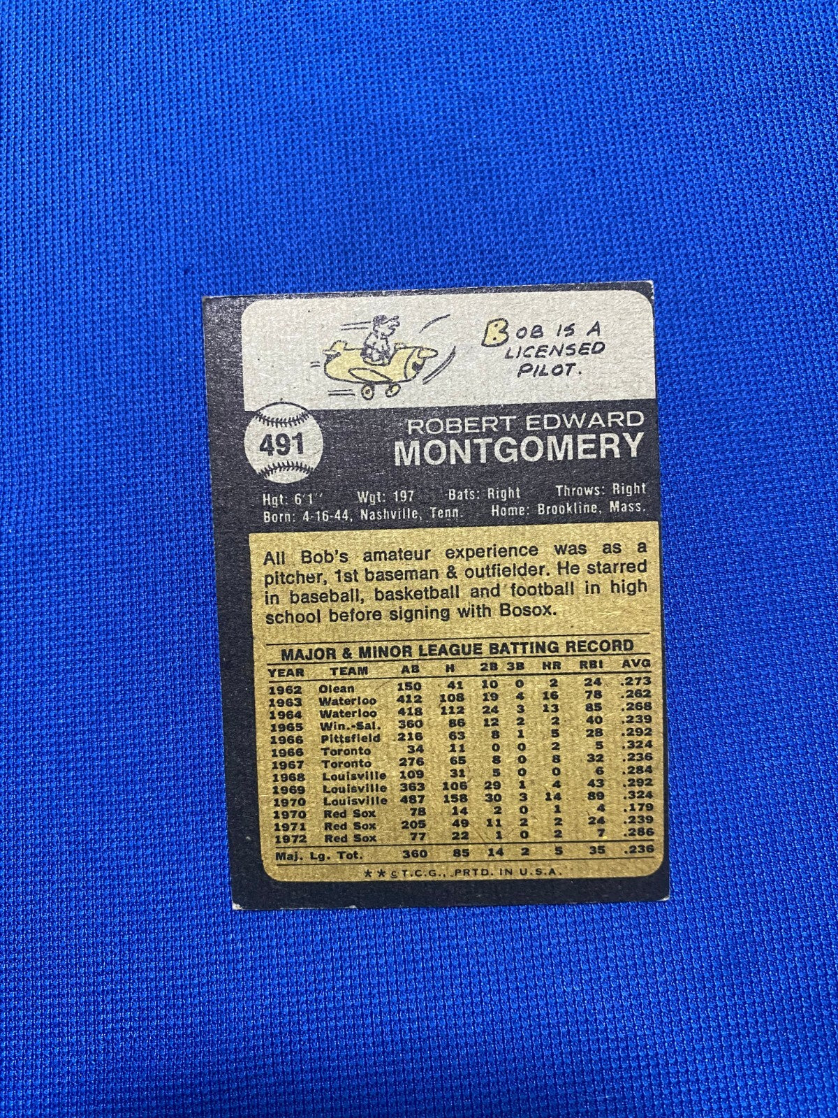 1973 TOPPS BOB MONTGOMERY BOSTON RED SOX SIGNED AUTOGRAPHED CARD #491 W/COA
