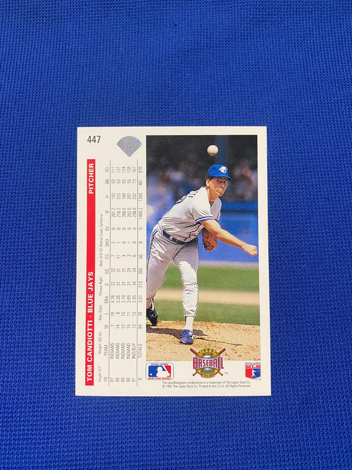 1992 UPPER DECK TOM CANDIOTTI TORONTO BLUE JAYS SIGNED AUTOGRAPHED CARD #447 COA