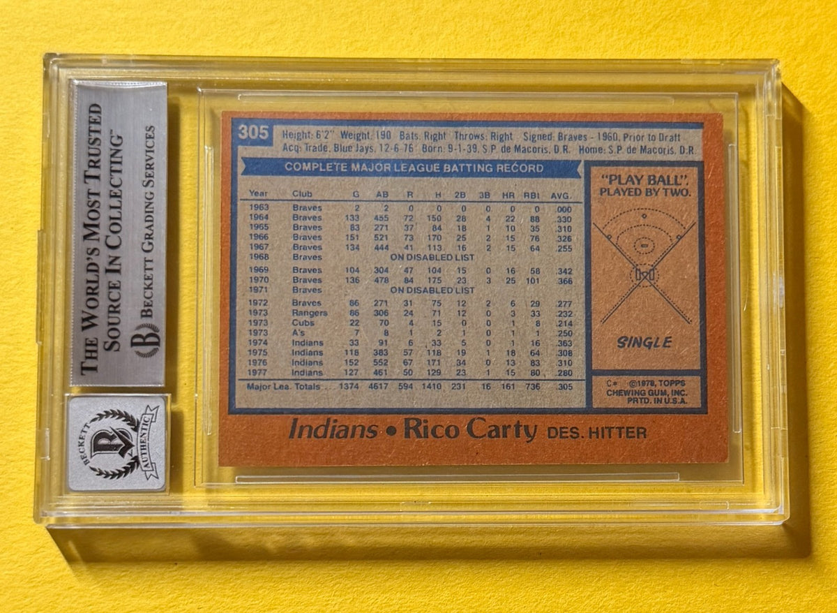 1978 TOPPS RICO CARTY #305 SIGNED AUTO CARD BECKETT 10 AUTHENTIC CLEVELAND