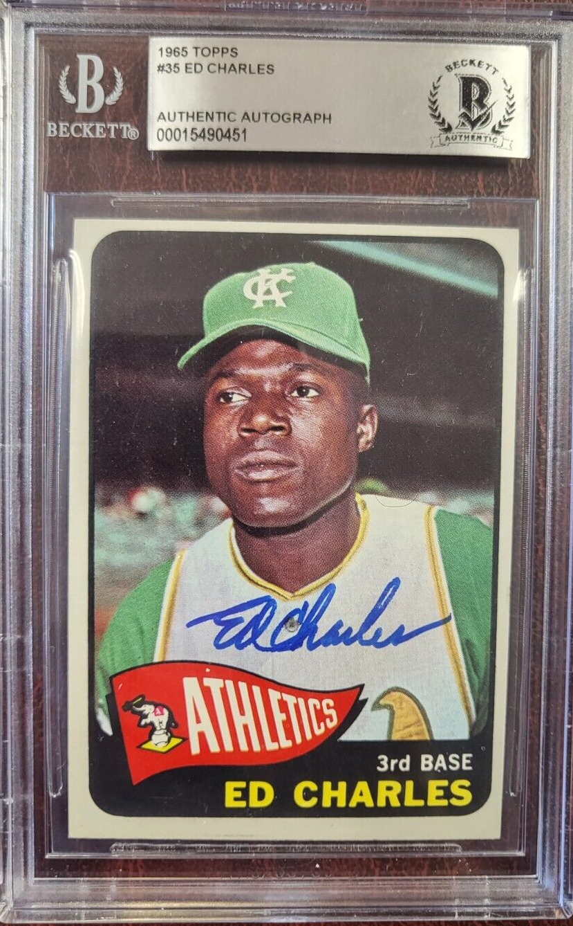 1965 TOPPS ED CHARLES ATHLETICS SIGNED AUTOGRAPH #35 CARD BECKETT AUTHENTIC