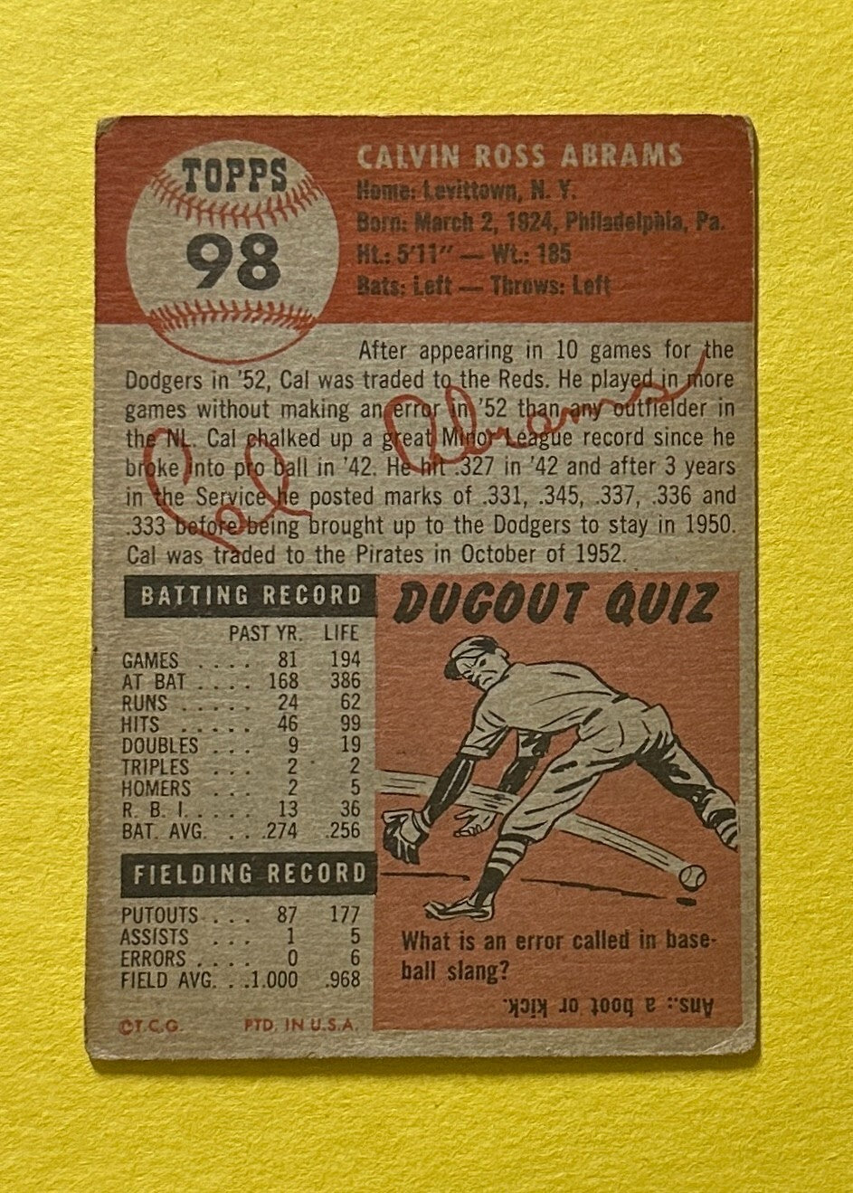 1953 TOPPS CAL ABRAMS #98 PIRATES