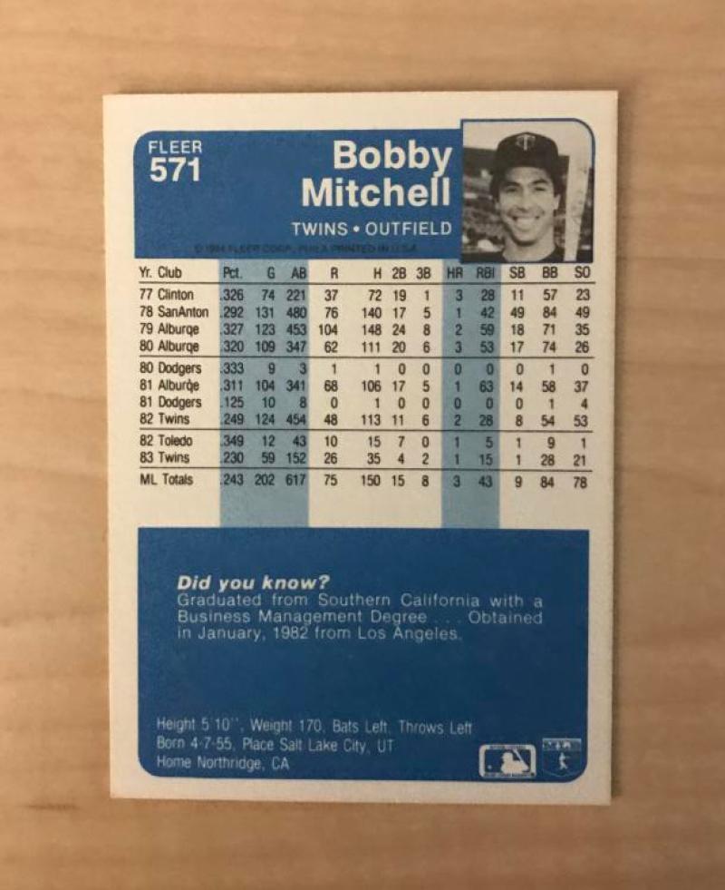 BOBBY MITCHELL MINNESOTA TWINS SIGNED AUTOGRAPHED 1984 FLEER CARD #571 W/COA 