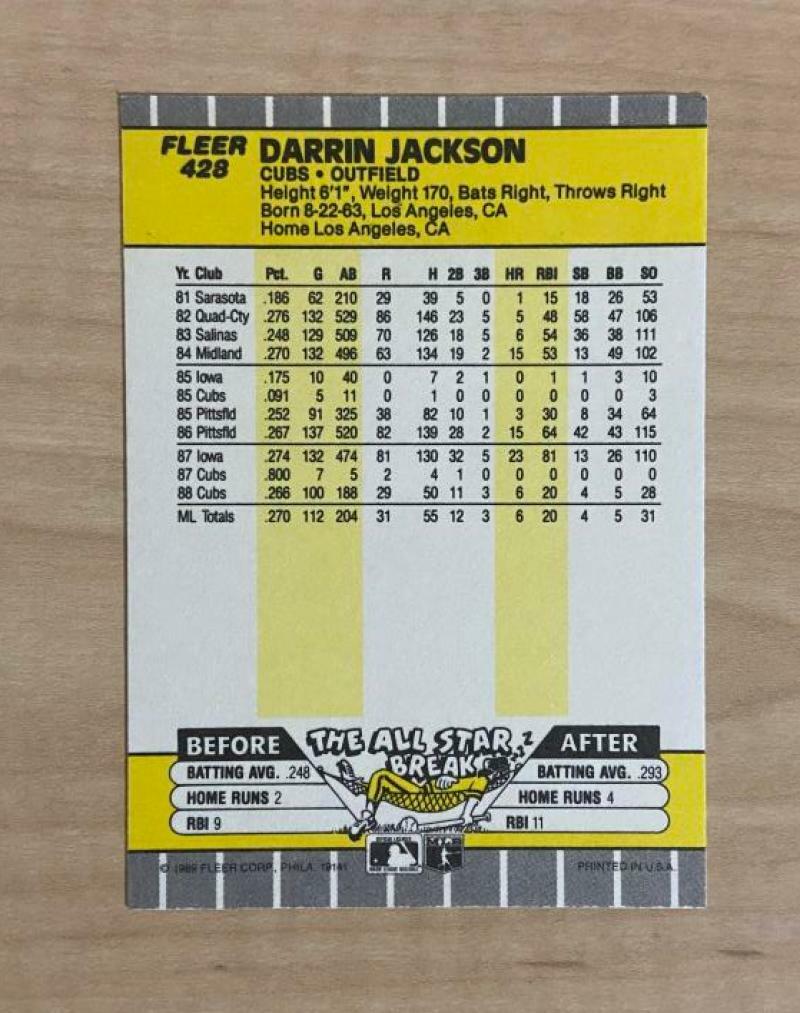 DARRIN JACKSON CHICAGO CUBS SIGNED AUTOGRAPHED 1989 FLEER CARD #428 W/COA 