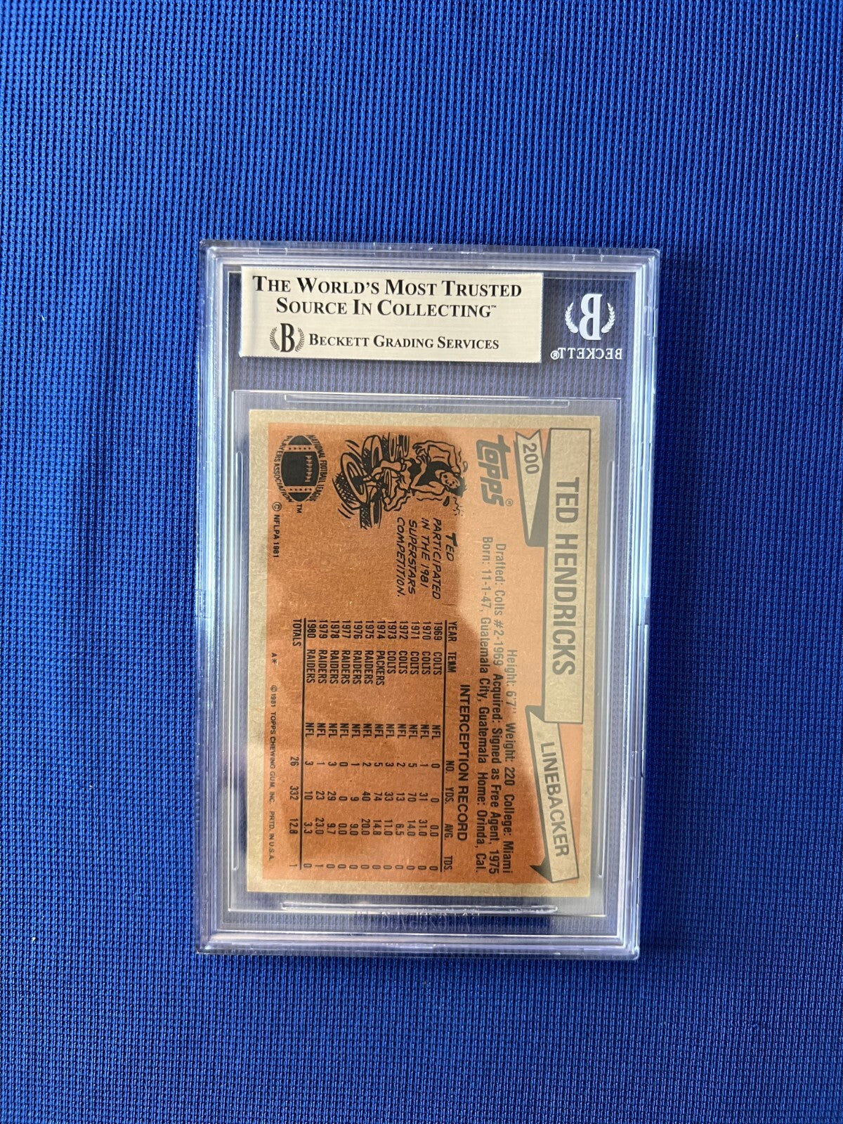 1981 TOPPS TED HENDRICKS ALL PRO RAIDERS SIGNED AUTOGRAPHED CARD #200 BECKETT