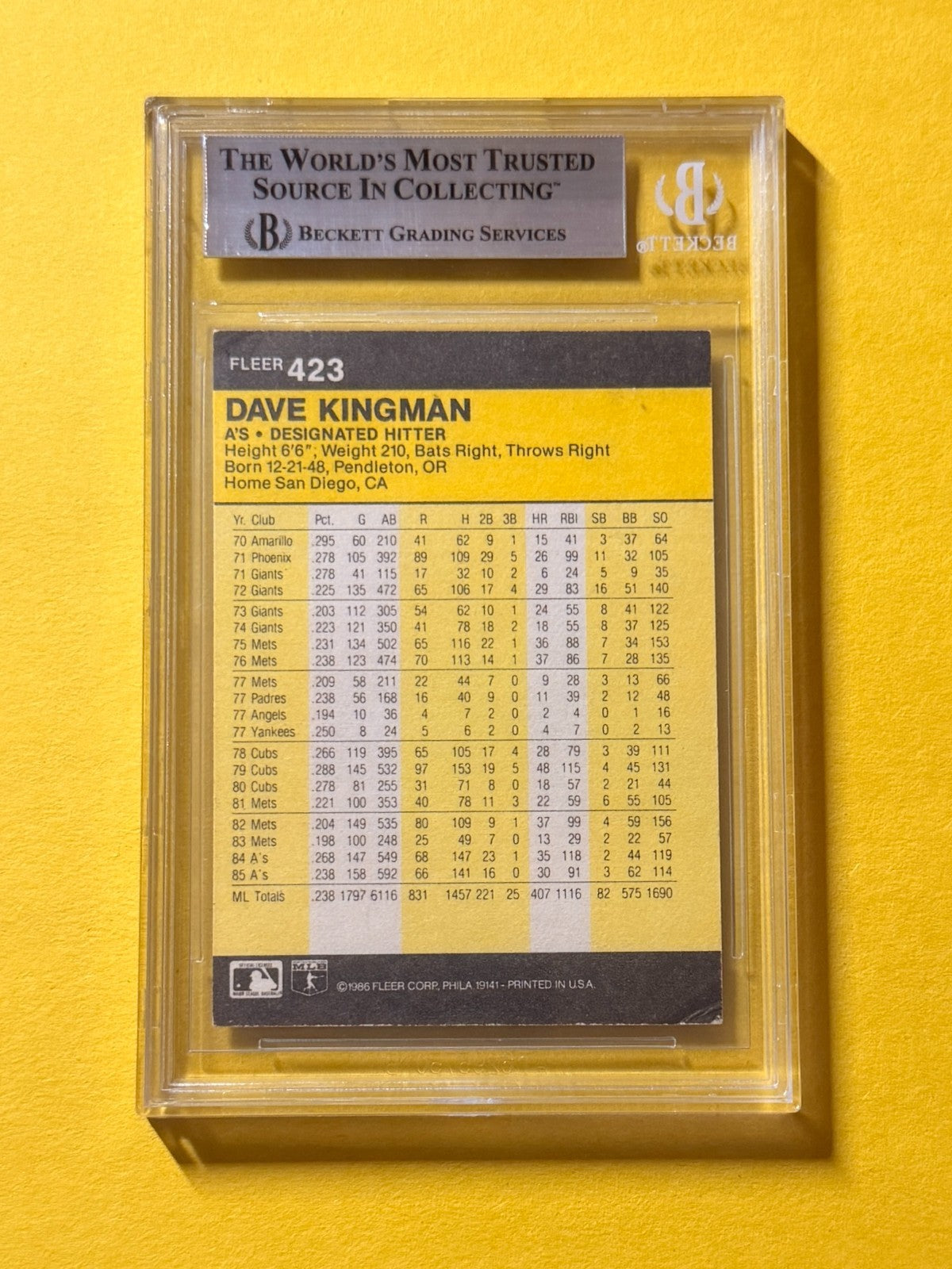 1986 FLEER DAVE KINGMAN #23 SIGNED AUTO CARD BECKETT AUTHENTIC ATHLETICS
