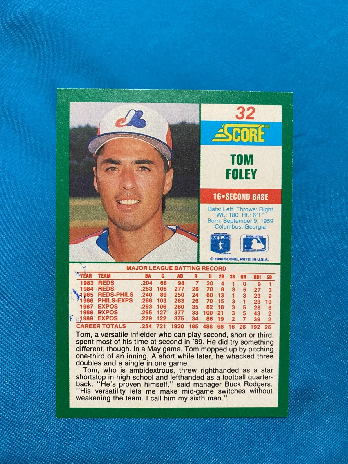 1990 SCORE TOM FOLEY MONTREAL EXPOS AUTOGRAPHED AUTO SIGNED CARD #32 W/COA