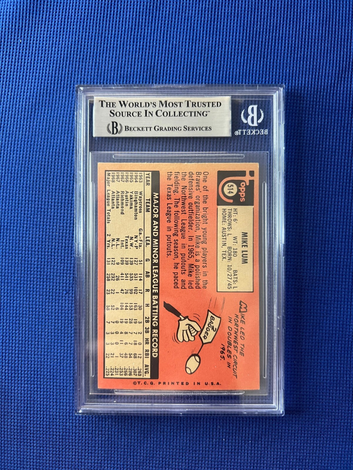 1969 TOPPS MIKE LUM ATLANTA BRAVES SIGNED AUTOGRAPHED CARD #514 BECKETT