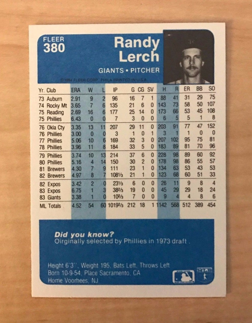 RANDY LERCH SAN FRANCISCO GIANTS SIGNED AUTOGRAPHED 1984 FLEER CARD #380 W/COA