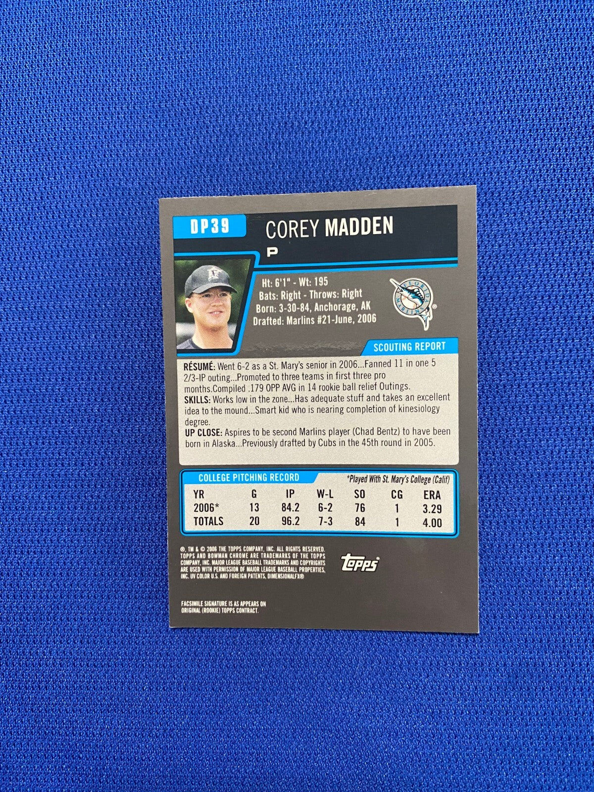 2006 BOWMAN CHROME DP COREY MADDEN FL MARLINS SIGNED AUTO RC #DP39 W/COA