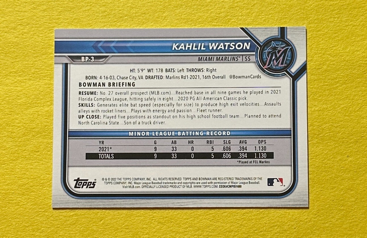 2022 BOWMAN KAHLIL WATSON GREEN PAPER /399 #BP-3 MARLINS 1ST BOWMAN