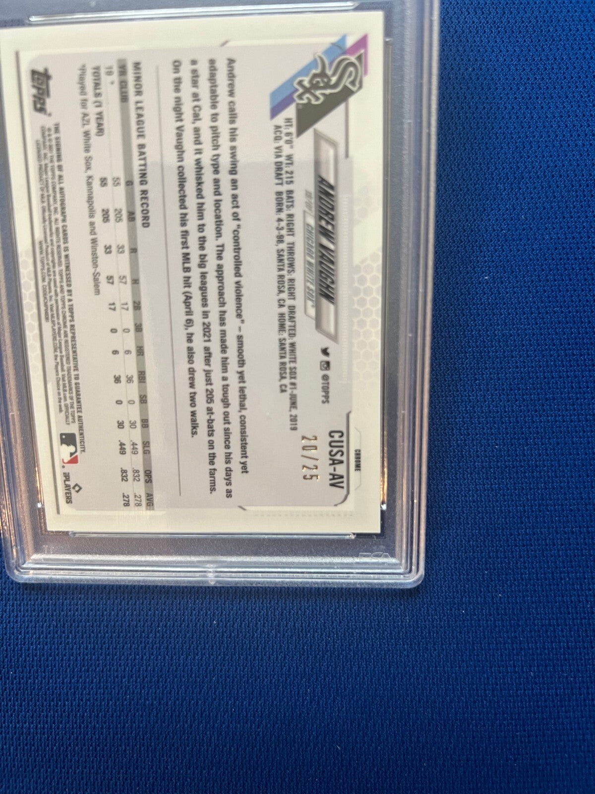 2021 TOPPS CHROME UPDATE ANDREW VAUGHN WHITE SOX AUTO ORANGE RC REF /25 PSA 9