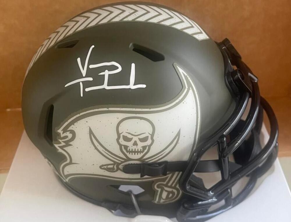 VINNY TESTAVERDE BUCS SALUTE TO SERVICE SIGNED AUTOGRAPHED MINI HELMET