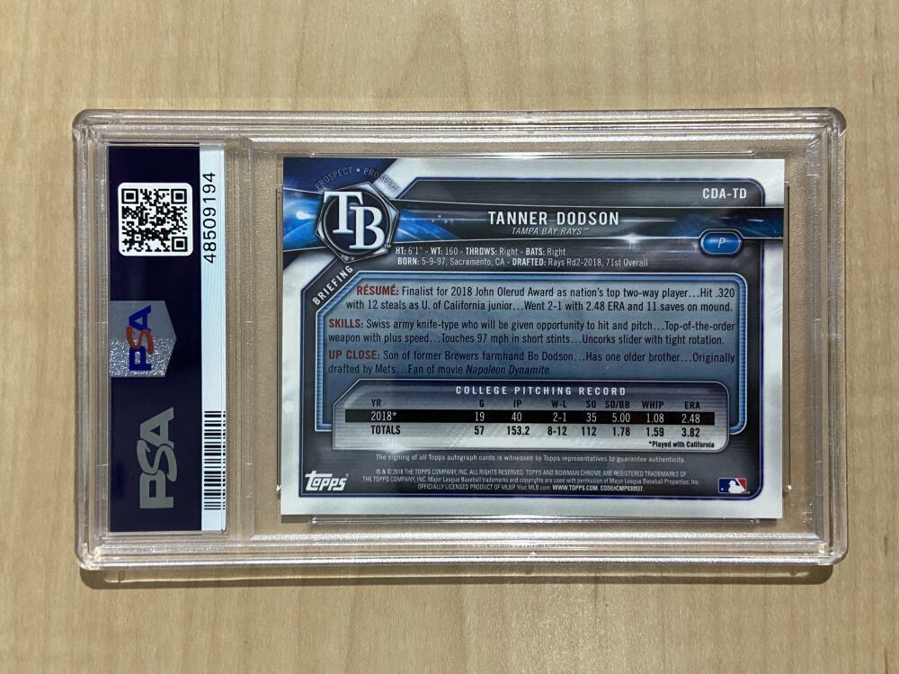 2018 BOWMAN DRAFT TANNER DODSON CHROME DRAFT PICKS AUTO PSA ROOKIE PSA 9 