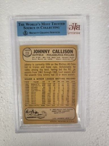 1968 TOPPS JOHNNY CALLISON PHILLIES SIGNED AUTOGRAPHED #415 CARD BECKETT JSA