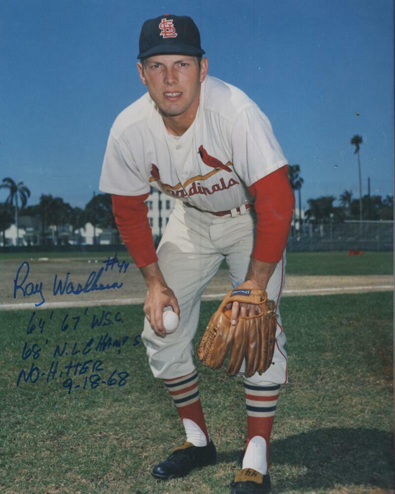 RAY WASHBURN STATISTICS ST. LOUIS CARDINALS AUTOGRAPHED 8X10 PHOTO W/ COA