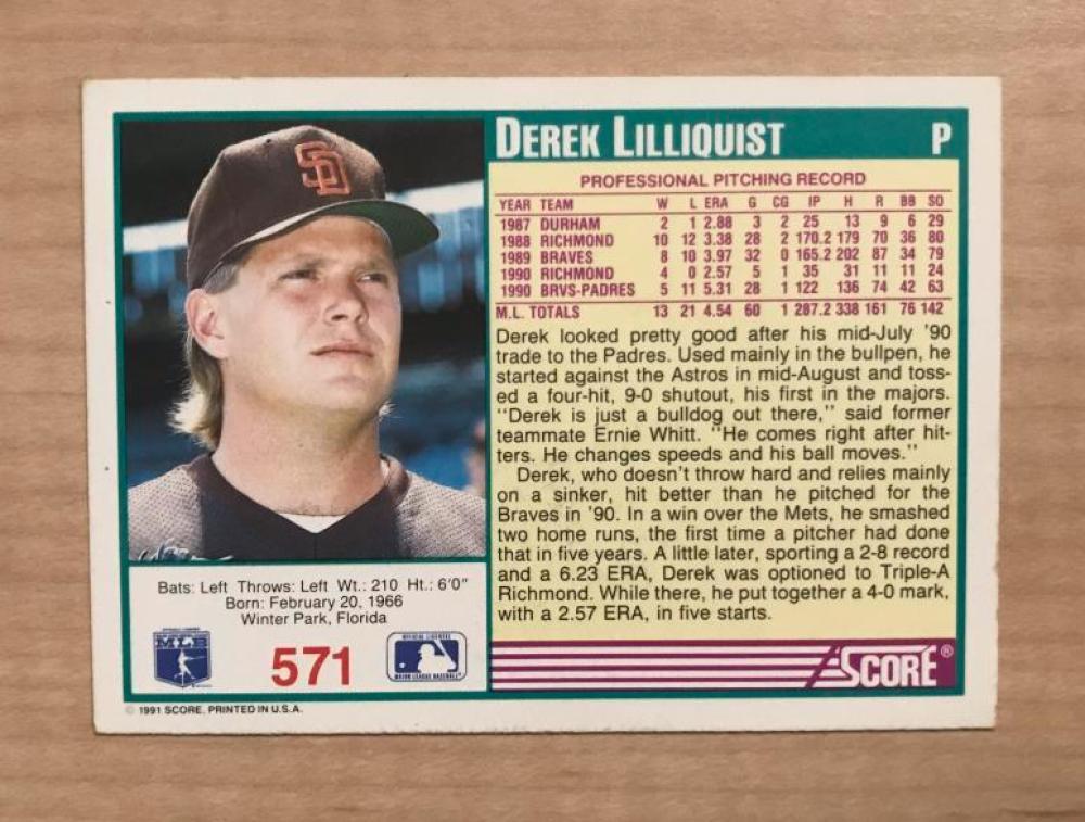 DEREK LILLIQUIST SAN DIEGO PADRES SIGNED AUTOGRAPHED 1991 SCORE CARD #571 W/COA