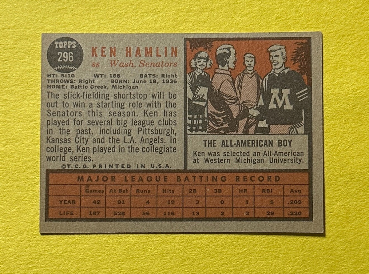 1962 TOPPS KEN HAMLIN #296 SENATORS