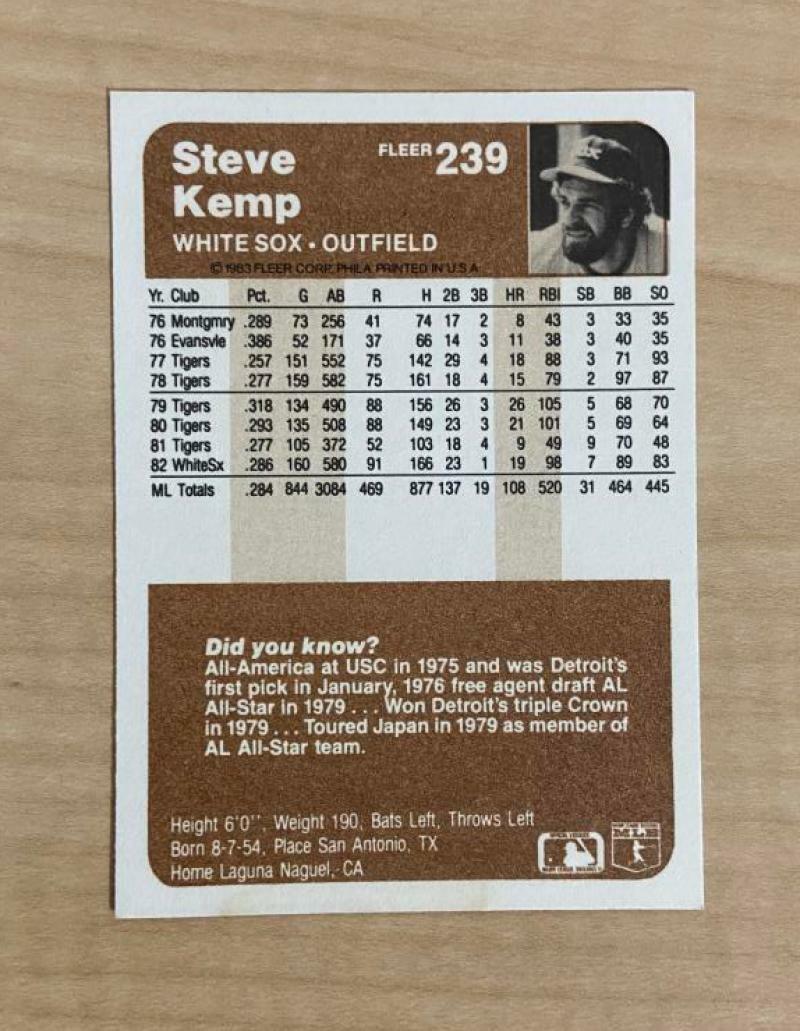 STEVE KEMP CHICAGO WHITE SOX SIGNED AUTOGRAPHED 1983 FLEER CARD #239 W/COA