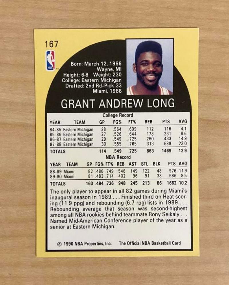 GRANT LONG MIAMI HEAT SIGNED AUTOGRAPHED 90-91 NBA HOOPS CARD #167 W/COA 