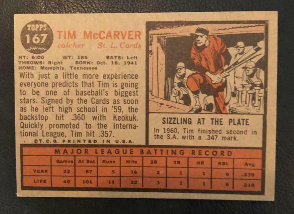 1962 TOPPS TIM MCCARVER ST. LOUIS CARDINALS ROOKIE #167