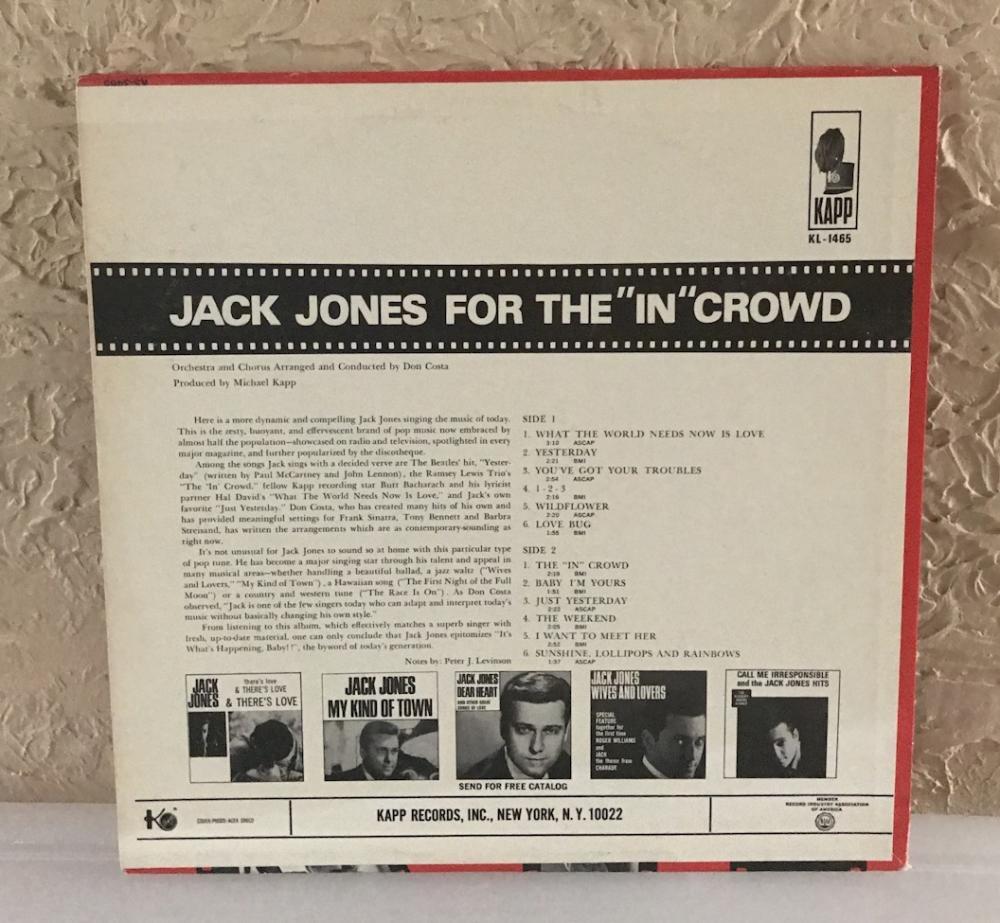 JACK JONES "FOR THE "IN" CROWD" SIGNED AUTOGRAPHED VINYL RECORD W/ COA
