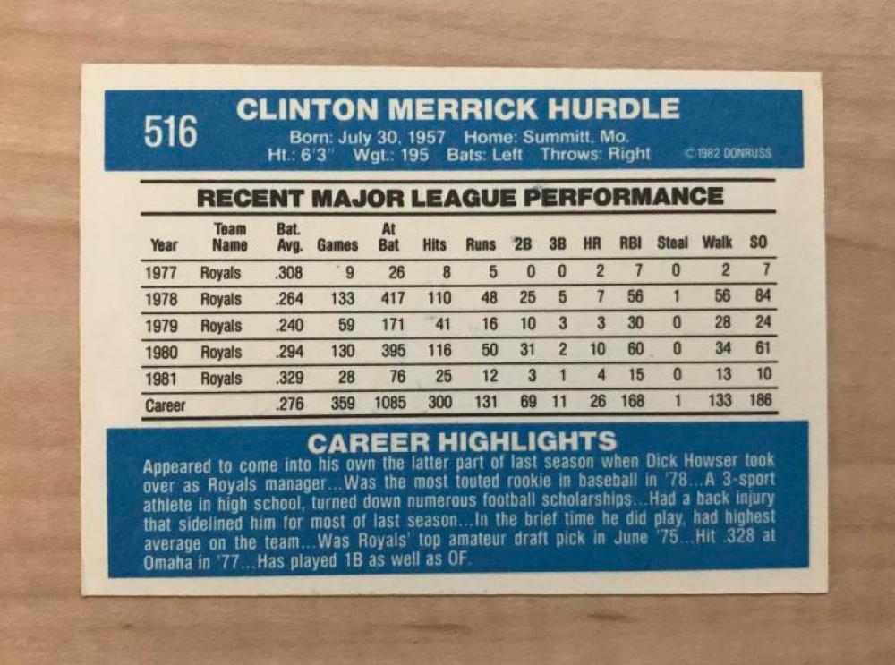 CLINT HURDLE KANSAS CITY ROYALS SIGNED AUTOGRAPHED 1982 DONRUSS CARD #516 W/COA