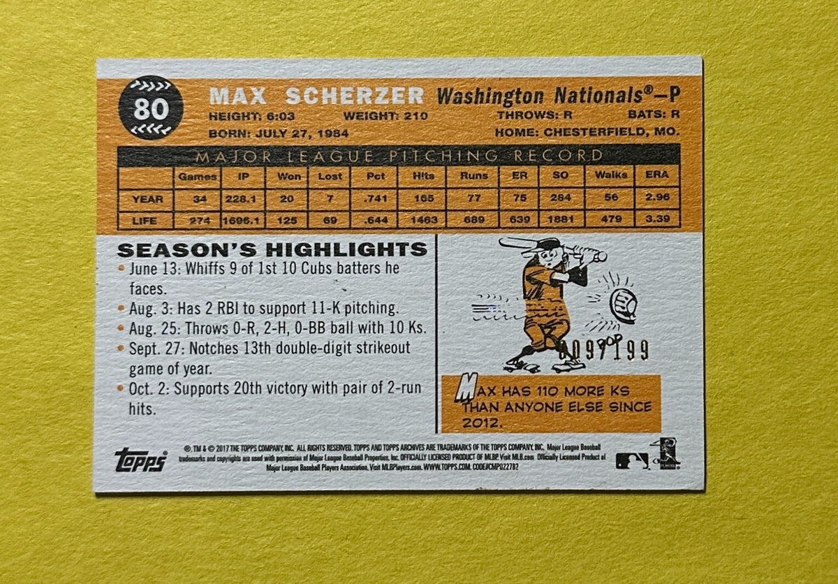 2017 TOPPS ARCHIVES MAX SCHERZER PEACH /199 #80 NATIONALS