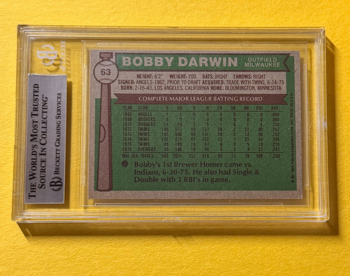 1976 TOPPS BOBBY DARWIN #63 SIGNED AUTO CARD BECKETT AUTHENTIC BREWERS