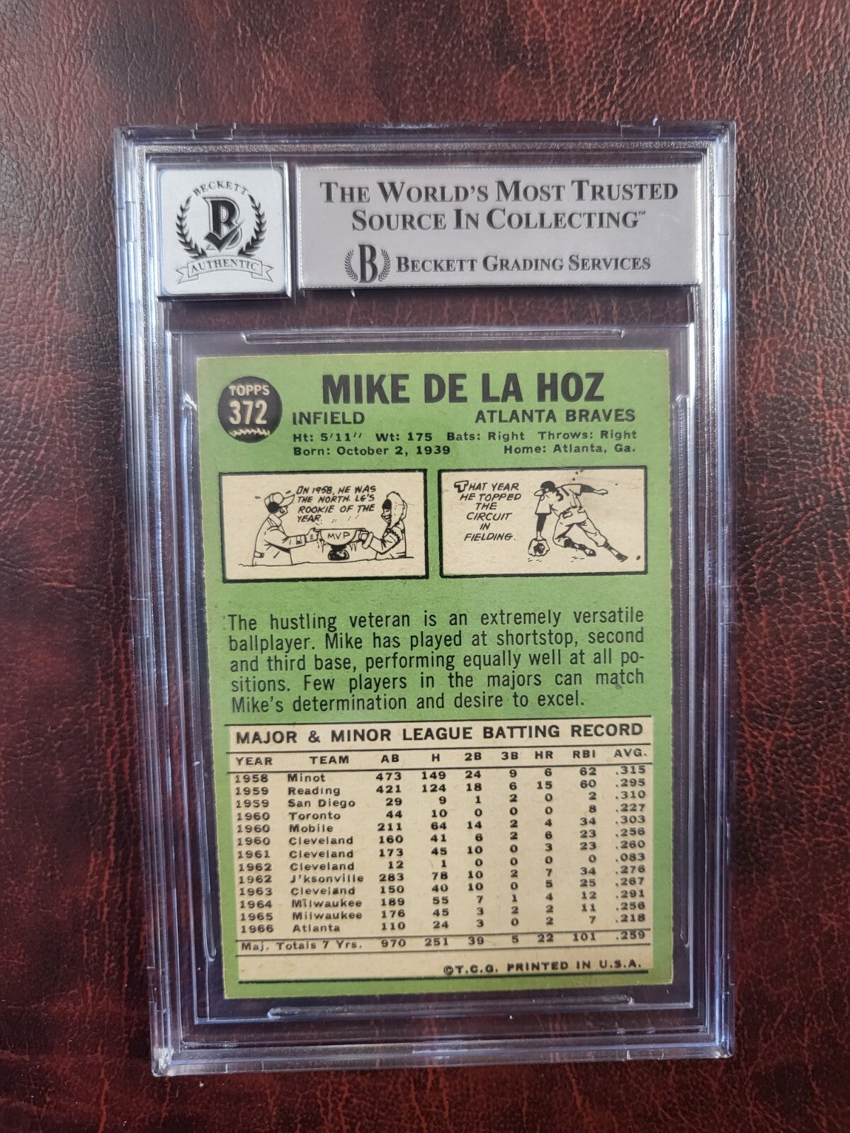 1967 TOPPS MIKE DE LA HOZ BRAVES SIGNED AUTOGRAPH #372 CARD BECKETT 10 AUTO